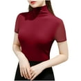 thumbnail image 1 of ABATAB Womens Tops Dressy Casual Turtleneck Short Sleeve Business Work Shirts Office Blouses Basic Tee Slim Fit Clothes, 1 of 5