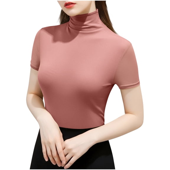 ABATAB Womens Tops Dressy Casual Turtleneck Short Sleeve Business Work Shirts Office Blouses Basic Tee Slim Fit Clothes