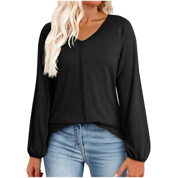 ABATAB Womens Tops Lightweight V-Neck Long Sleeve Shirts Fall Casual Outfits Soft Loose Fit Plain Vacation Work Dressy T-Shirts(XX-Large,Black)