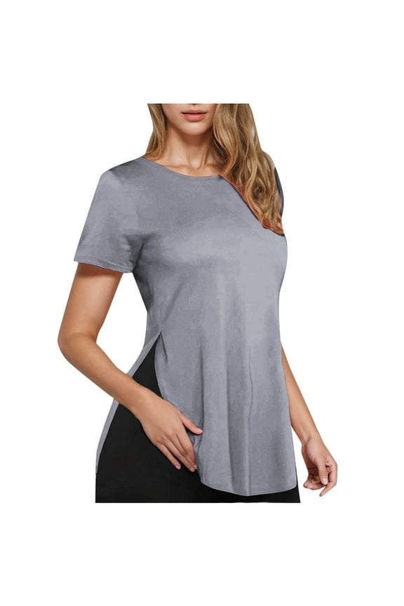 Womens Tops Short Sleeve Crew Neck Side Split Summer T-Shirts Plain Curved Hem Casual Fashion Shirts Blouses