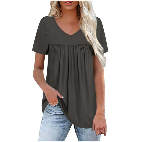 ABATAB Womens Tops V Neck Short Sleeve Pleated T Shirts Fashion Summer Solid Color Tees Casual Tunic Blouse