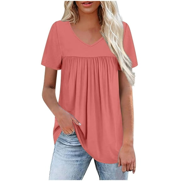 ABATAB Womens Tops V Neck Short Sleeve Pleated T Shirts Fashion Summer Solid Color Tees Casual Tunic Blouse