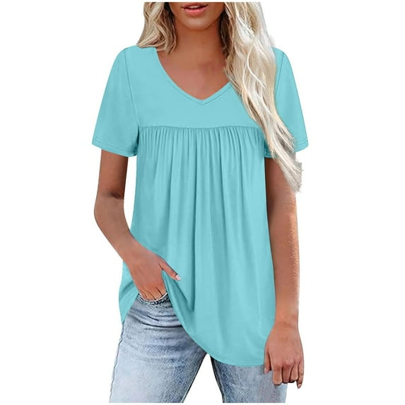 ABATAB Womens Tops V Neck Short Sleeve Pleated T Shirts Fashion Summer Solid Color Tees Casual Tunic Blouse