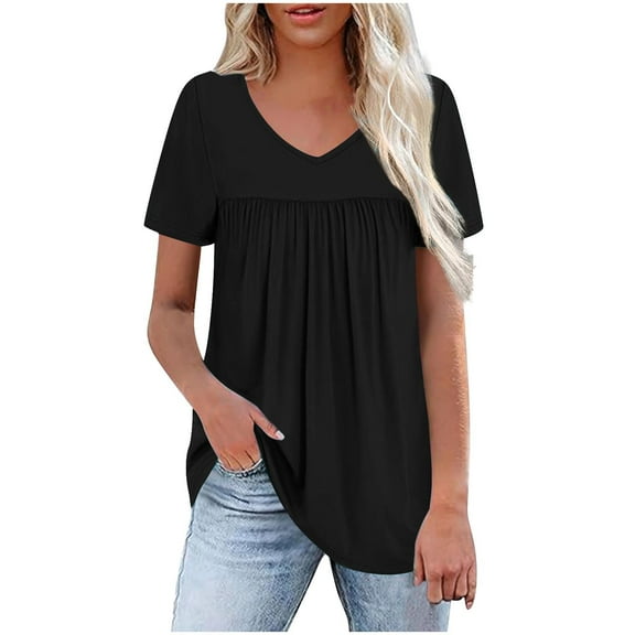 ABATAB Womens Tops V Neck Short Sleeve Pleated T Shirts Fashion Summer Solid Color Tees Casual Tunic Blouse