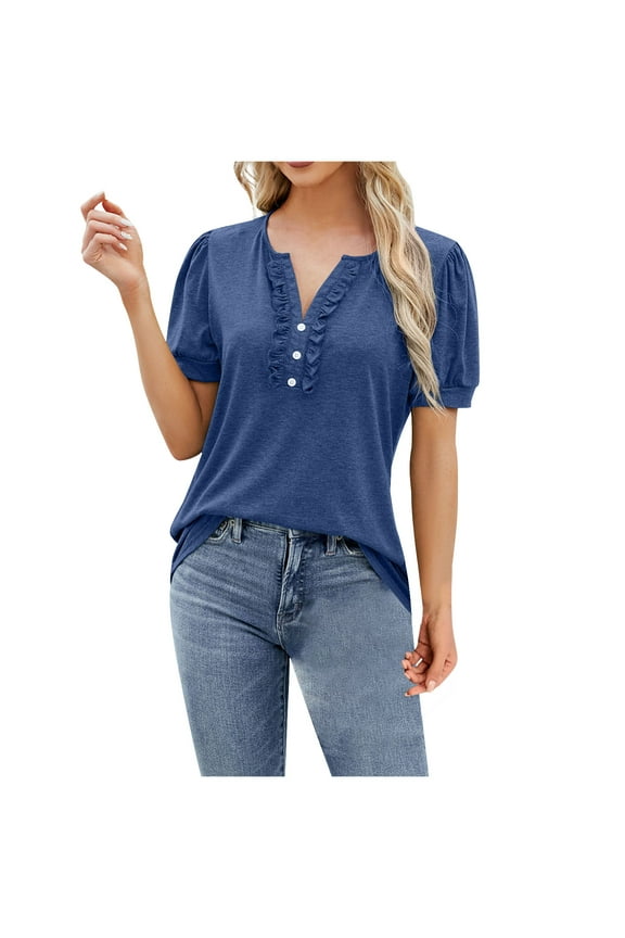 Womens V Neck Short Sleeve Tops Button Down T-Shirts Solid Loose Cute Tunic Tee Pleated Blouses Basic Tops