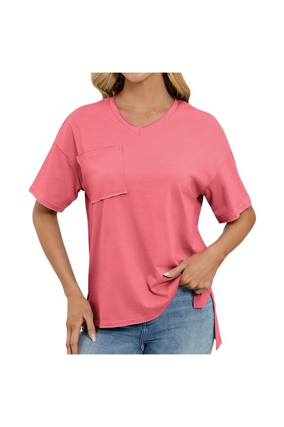 Womens V Neck T Shirts Short Sleeve Side Slit Basic Tees Casual Comfy Lightweight Summer Tops Clothes with Pocket