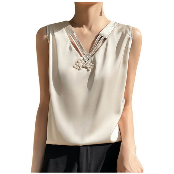 ABATAB Womens V Neck Tank Tops Ice Silk Satin Sleeveless Plain Soft Tshirts Dressy Fashion Casual Camisole Blouse
