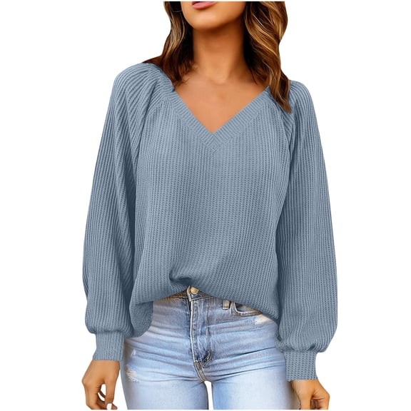 ABATAB Womens V Neck Tops Casual Knit Long Sleeve Shirts Trendy Loose Comfy Pullover Blouses Spring Outfits Clothes