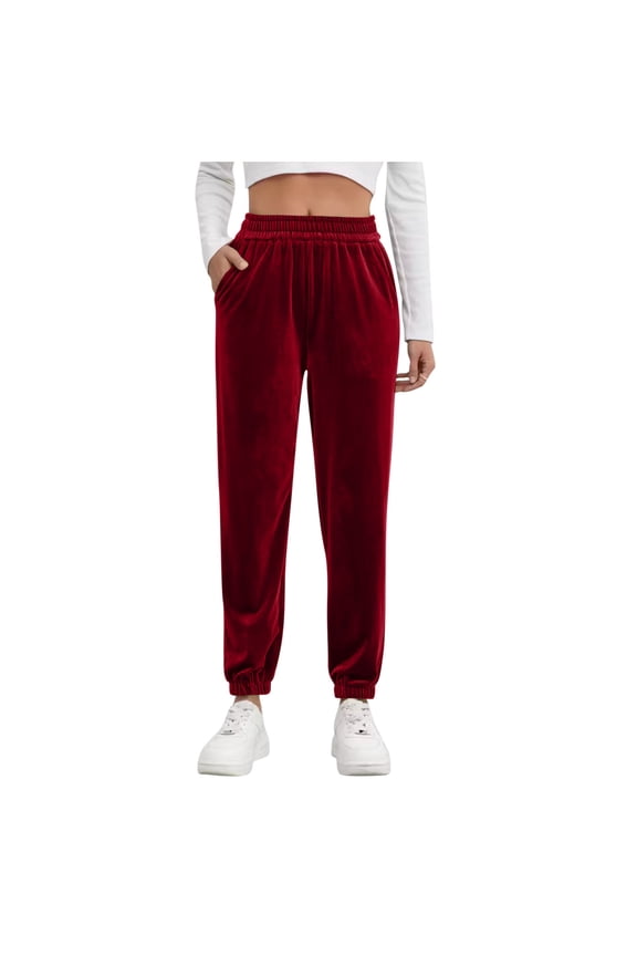 Womens Velour Pants Soft Velvet Straight Leg Pants Elastic Waist Cinch Bottom Lounge Pant with Pockets
