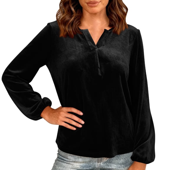 ABATAB Womens Velvet Tops Long Sleeve V Neck T Shirts Trendy Party Holiday Shirts Blouse Casual Lightweight Outfits