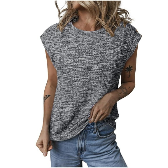 ABATAB Womens Waffle Knit Tops Summer Crew Neck Shirts Cap Sleeve Casual Trendy Loose Fit Tunic Blouses Basic Tee