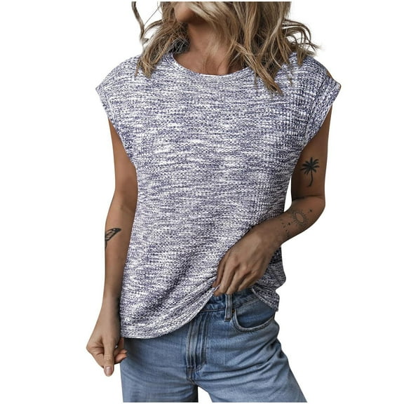 ABATAB Womens Waffle Knit Tops Summer Crew Neck Shirts Cap Sleeve Casual Trendy Loose Fit Tunic Blouses Basic Tee