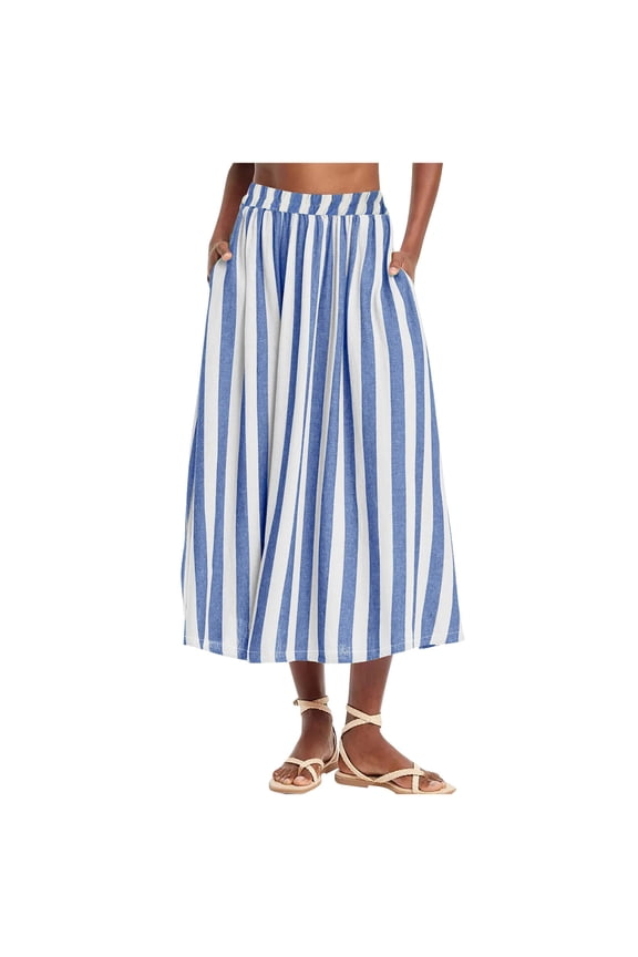 Womens Wide Leg Capri Pants Cotton Linen Striped Culottes Summer Elastic Waist Baggy Fashion Bottoms with Pockets