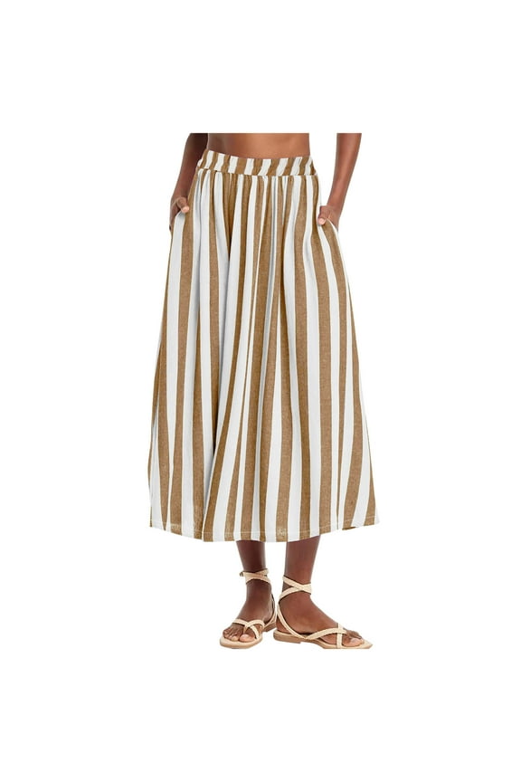 Womens Wide Leg Capri Pants Cotton Linen Striped Culottes Summer Elastic Waist Baggy Fashion Bottoms with Pockets
