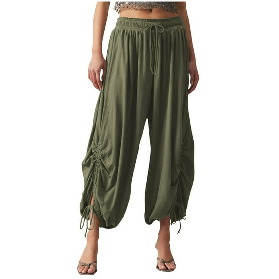 ABATAB Womens Wide Leg Pants Casual Loose Fit Drawstring Summer Lantern Trousers Beach Travel Vacation Harem Pants with Pockets