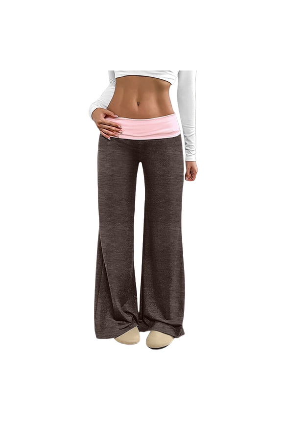 Womens Wide Leg Sweatpants Color Block Low Rise Fold over Waisted Baggy Drawstring Casual Joggers Stretch Trousers