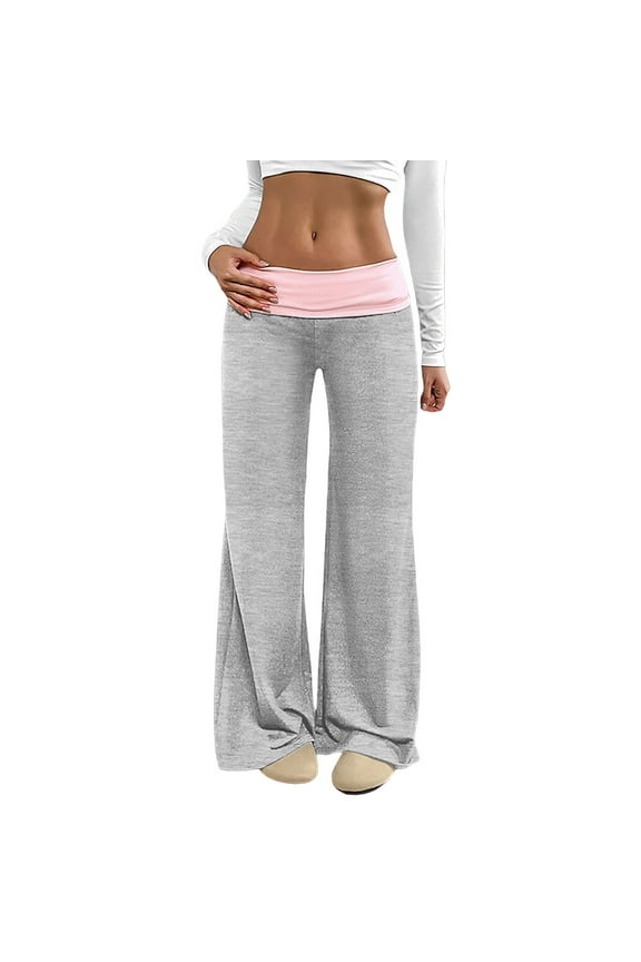 Womens Wide Leg Sweatpants Color Block Low Rise Fold over Waisted Baggy Drawstring Casual Joggers Stretch Trousers