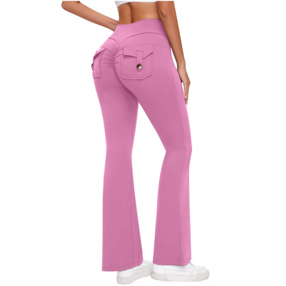 ABATAB Womens Workout Flare Leggings with Pockets Scrunch High Waisted Pants Gym Yoga No Front Seam Bell Bottom Leggings