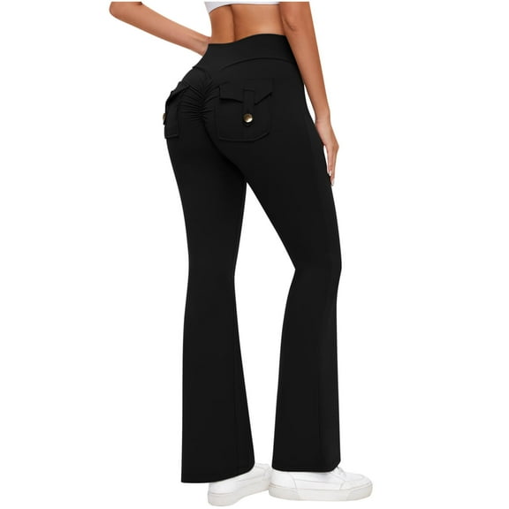 ABATAB Womens Workout Flare Leggings with Pockets Scrunch High Waisted Pants Gym Yoga No Front Seam Bell Bottom Leggings