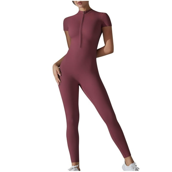 ABATAB Womens Workout Jumpsuit One Piece Zip up Romper Seamless Slim Fit Yoga Unitard Short Sleeve Exercise Running Outfits