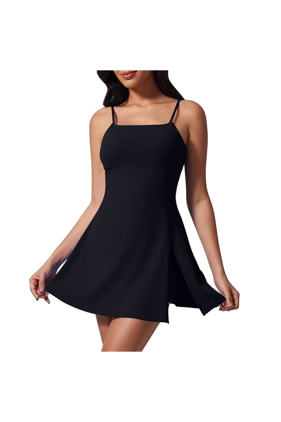 Womens Workout Romper Dress Sleeveless Plain Spaghetti Straps Golf Tennis Athletic Shorts Casual Vacation