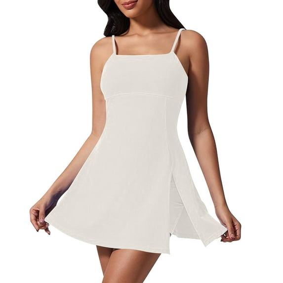 ABATAB Womens Workout Romper Dress Sleeveless Plain Spaghetti Straps Golf Tennis Athletic Shorts Casual Vacation