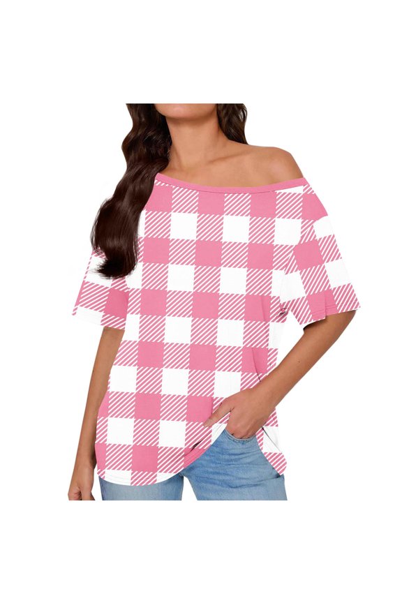 Womens off the Shoulder Tops Shorts Sleeve Crewneck Plaid Shirts Loose Fit Casual Fashion Tees Clothes