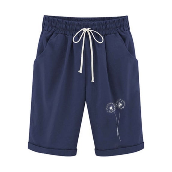ABATAB Womes Linen Bermuda Shorts High Waisted Drawstring Fashion Print Casual Beach Knee Length Shorts with Pockets