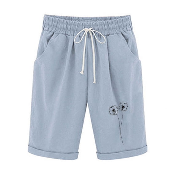 ABATAB Womes Linen Bermuda Shorts High Waisted Drawstring Fashion Print Casual Beach Knee Length Shorts with Pockets