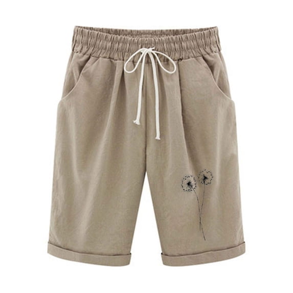 ABATAB Womes Linen Bermuda Shorts High Waisted Drawstring Fashion Print Casual Beach Knee Length Shorts with Pockets