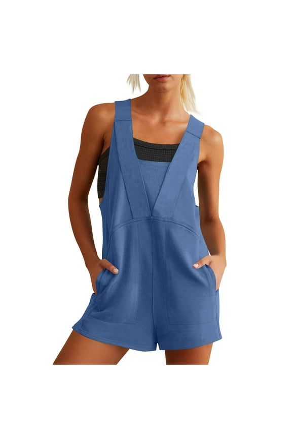 Workout Rompers for Women Sleeveless Summer Casual Wide Leg Short Overalls Trendy Workout Gym Jumpsuit with Pockets