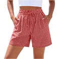 thumbnail image 1 of ABATAB Workout Shorts Women Elastic Drawstring Waist Plaid Shorts with Pockets Summer Active Athletic Running Shorts, 1 of 5