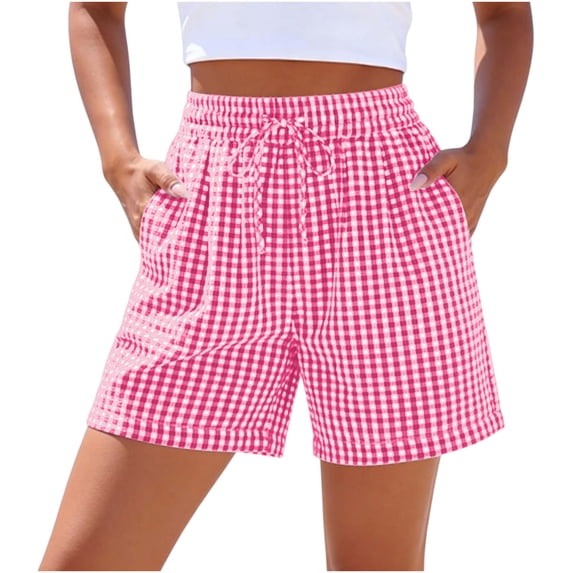 ABATAB Workout Shorts Women Elastic Drawstring Waist Plaid Shorts with Pockets Summer Active Athletic Running Shorts