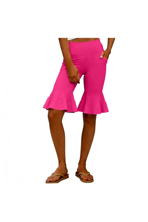 Yoga Shorts for Women High Waisted Soft Bell Bottom Shorts Casual Workout Bermuda Shorts Summer Clothes with Pocket