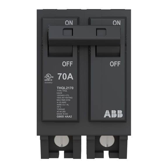 ABB Q-Line THQL2170P Circuit Breaker 70 Amp Double-Pole Breaker 120/240 VAC 10 kAIC Interrupt Rating Thermal Magnetic Plug-On Breaker for Load Centers