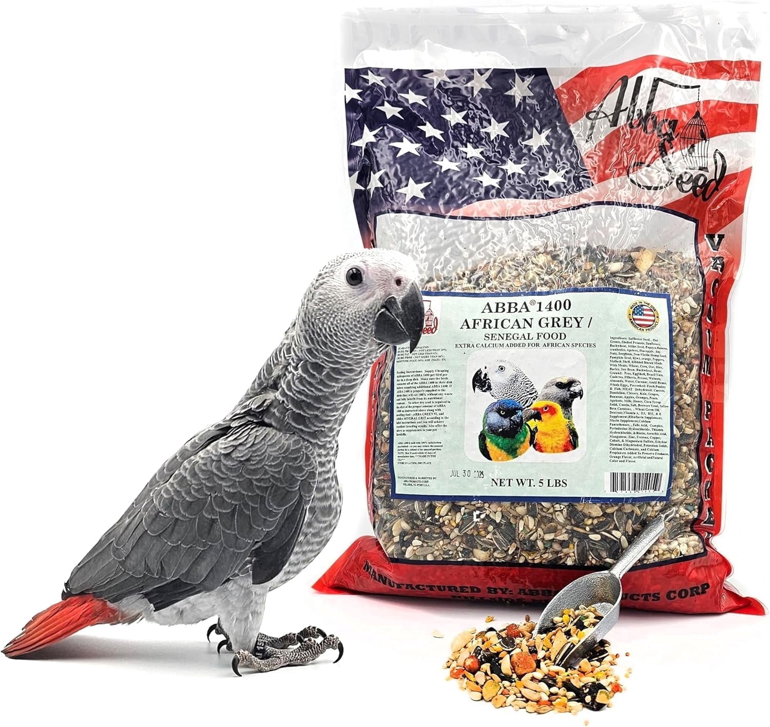 ABBA 1400 Premium Bird Food for African Greys, Senegals & Conures, Seed Blend with Whole Eggs, Fruits, Nuts, Vitamins & Minerals, 5 lb