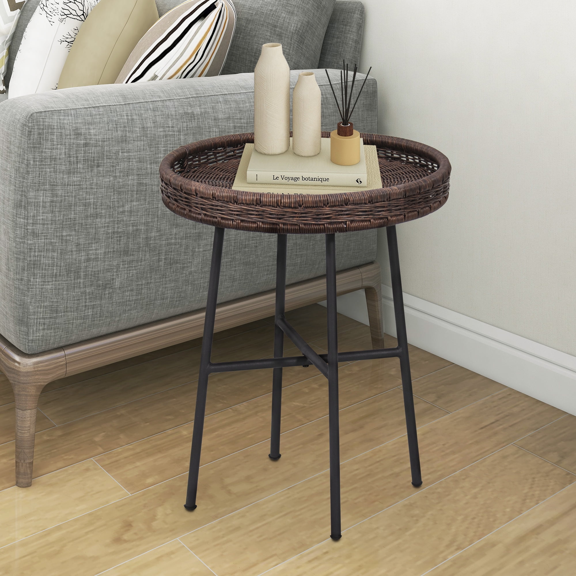 ABBLE Dark Brown Wicker Round End Table with Matte Black Metal Legs for Both Outdoor & Indoor Use