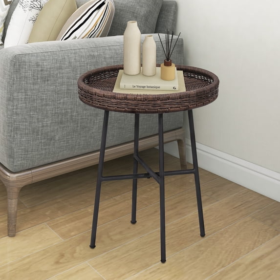 ABBLE Dark Brown Wicker Round End Table with Matte Black Metal Legs for Both Outdoor & Indoor Use
