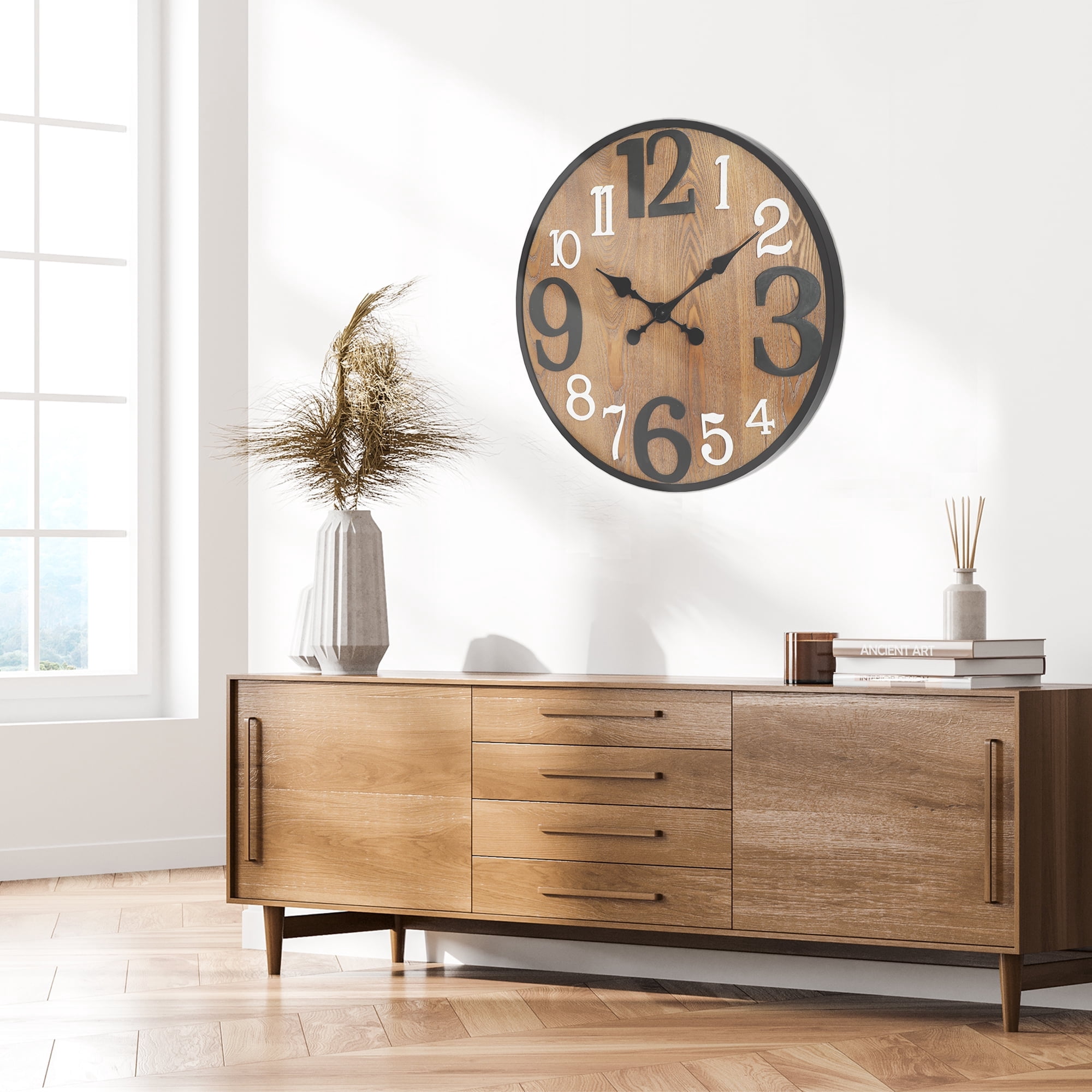 ABBSR 24in. Round Hanging Arabic Numerals Wood Wall Clock,Non-Ticking Clock for Wall Decor