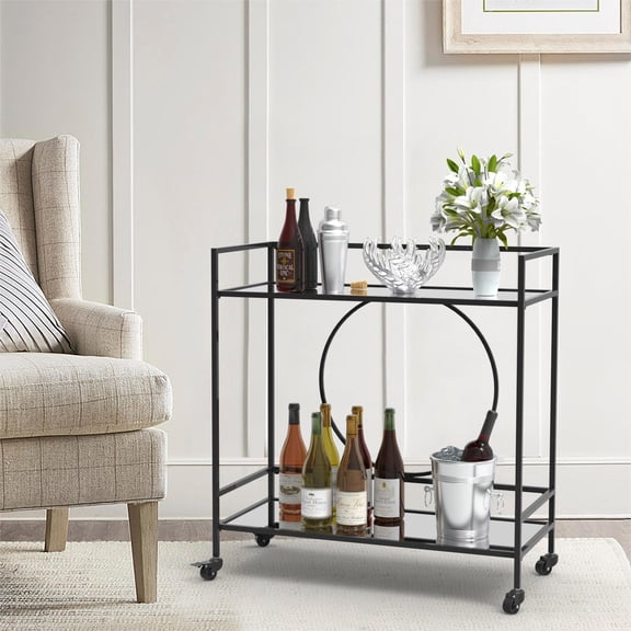 ABBSR 32in. Black Metal Bar Cart,Morden Mobile Kitchen Serving Carts,Storage Shelves for Home,Party