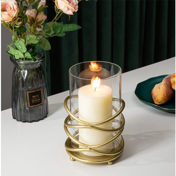 ABBSR 5.5x8in. Glass Candle Holder with Metal Frame,Gold Romantic Home Decor Candlestick for Date,Weeding