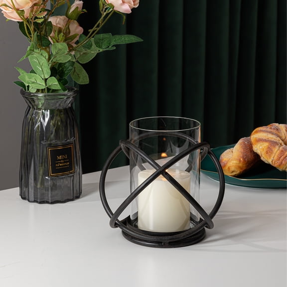 ABBSR 7x6in. Glass Candle Holder with Metal Frame,Black Romantic Home Decor Candlestick for Date,Weeding