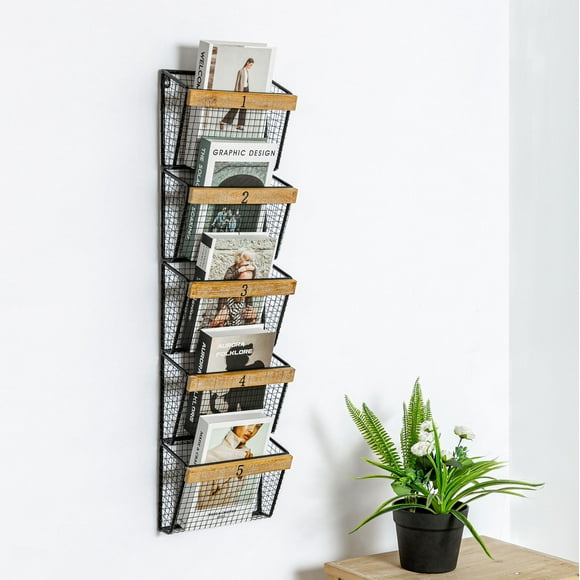 ABBSR Wall Magazine Rack Storage Shelves,5-Tiers Bookshelf with Spacious Slots,Hanging File Holder for Door,Office