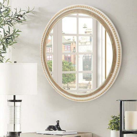 ABBSR Round 24inch Bathroom Wall Mirror,Vintage White Decorative Hanging Mirror for living Room,Hallway,Entryway