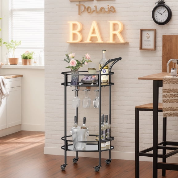 ABBSR Round 30.7in.Tall Kitchen Bar Cart,Black Metal Servicing Storage Cart with Handle,Wine Racks