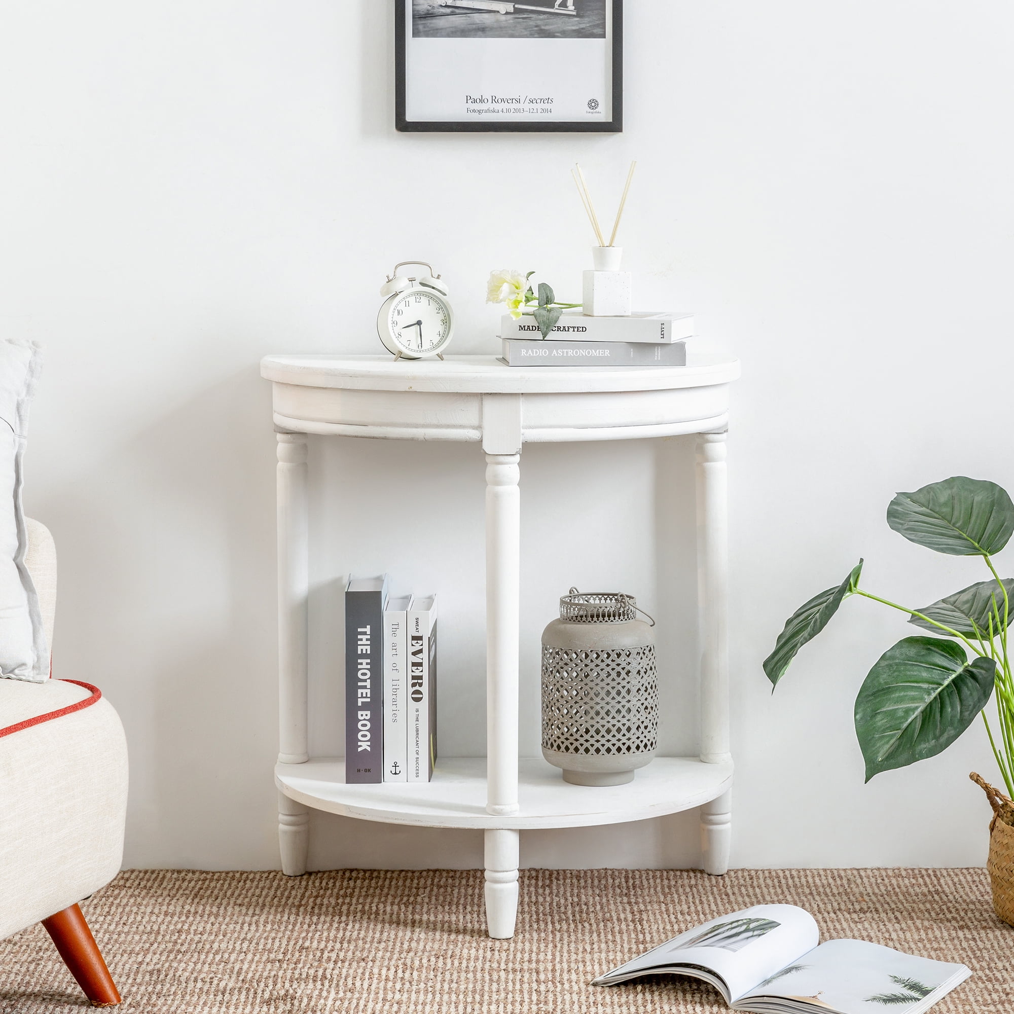 ABBSR Wood 2-tiers Half Round Side Table,White Elegant Nightstand,End ...
