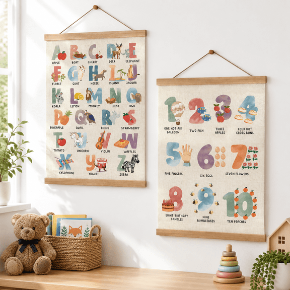ABC+123 Canvas Art Print Set of 2 Wall Decor for Playroom Classroom