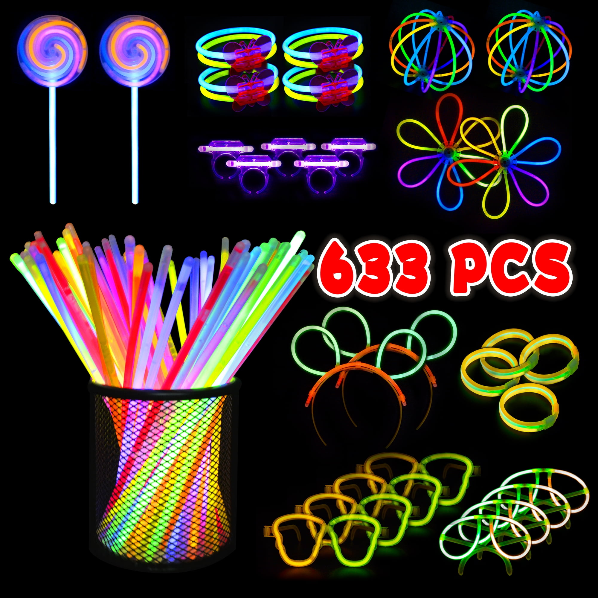 ABC 633 Pcs Glow Sticks Bulk Halloween Birthday Party Concert Pack Gifts  Ultra Bright Glow in The Dark 7 Colors Neon Party Supplies Basket Stuffers