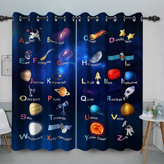 ABC Alphabet Blackout Curtains, Cartoon Outer Space Learning Window Drapes with Grommets for Bedroom 26"W x 54"L (Pack of 2)