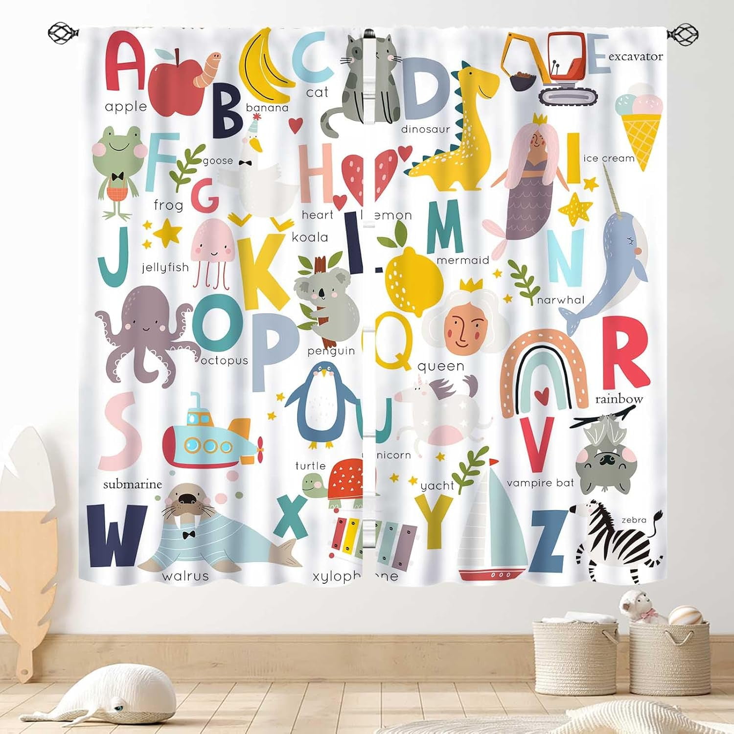 ABC Alphabet Classroom Curtains, Kids Cartoon Animal Educational Learning Cute Colorful Window Drapery Treatments for Baby Girls Boys Bedroom Living Room Shelves Nursery 2 Panels Set, 52"x63" Inch